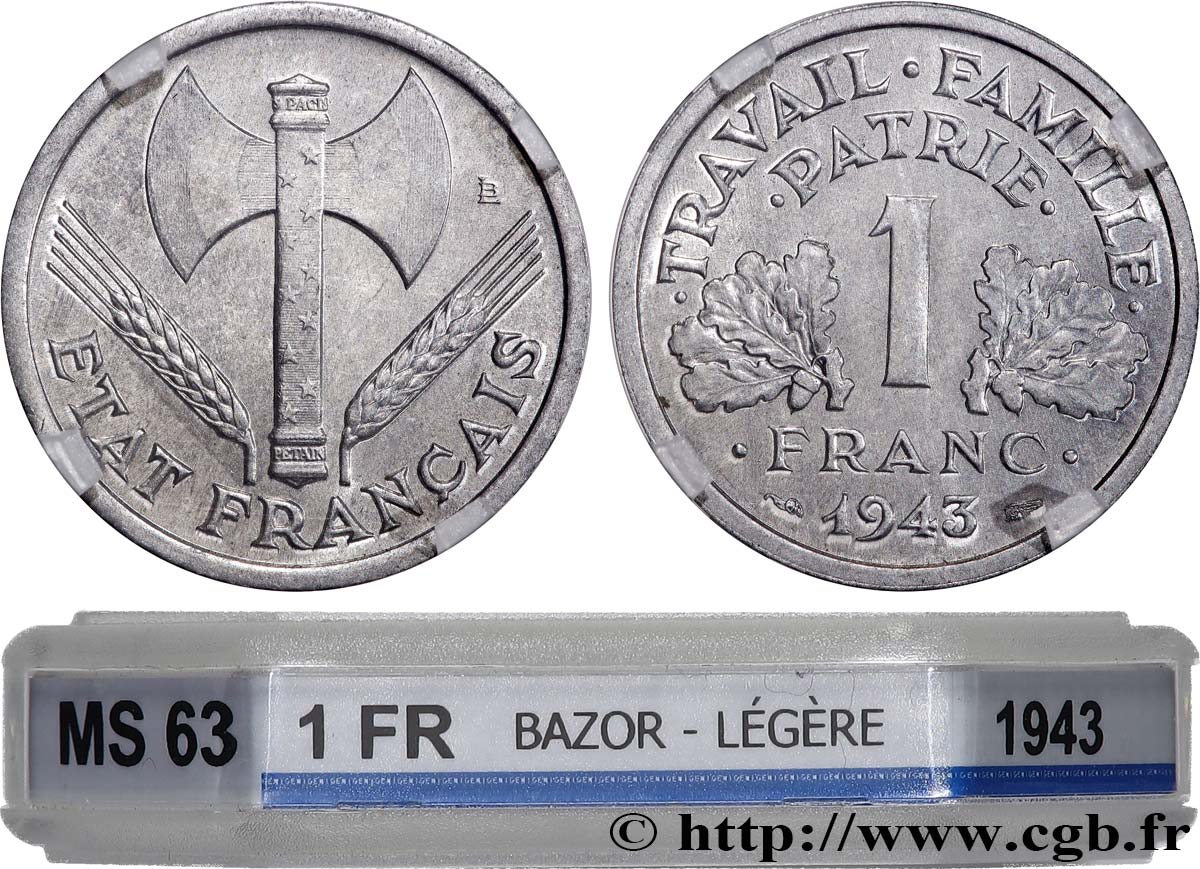 1 franc Francisque, légère 1943  F.223/3 SPL63 GENI