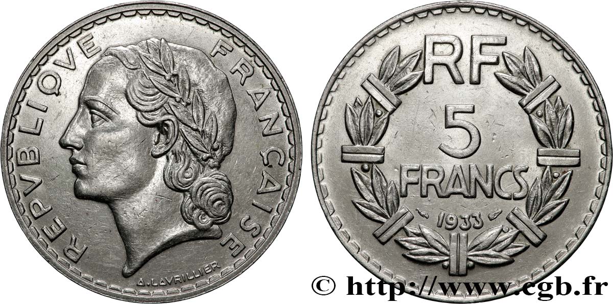 5 francs Lavrillier, nickel 1933  F.336/2 TTB 