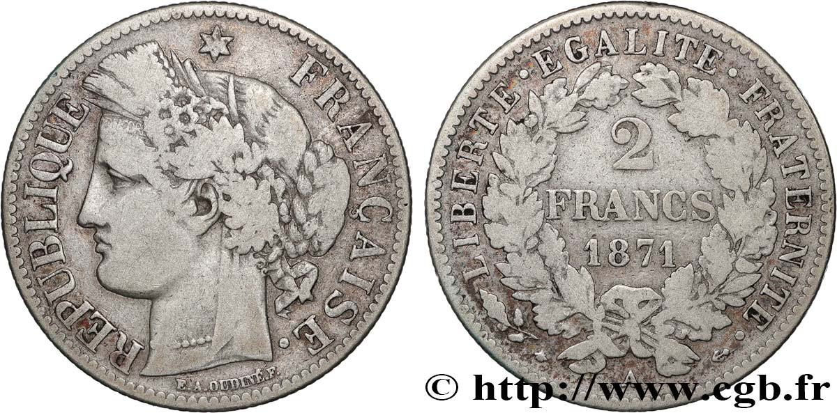 2 francs Cérès, avec légende 1871 Paris F.265/4 S 