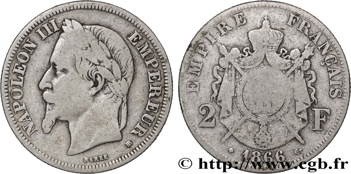 2 francs Napoléon III, tête laurée  1866 Strasbourg F.263/3 MB 