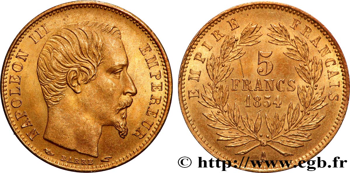 5 francs or Napoléon III, tête nue, petit module, tranche lisse 1854 Paris F.500/1 VZ+ 