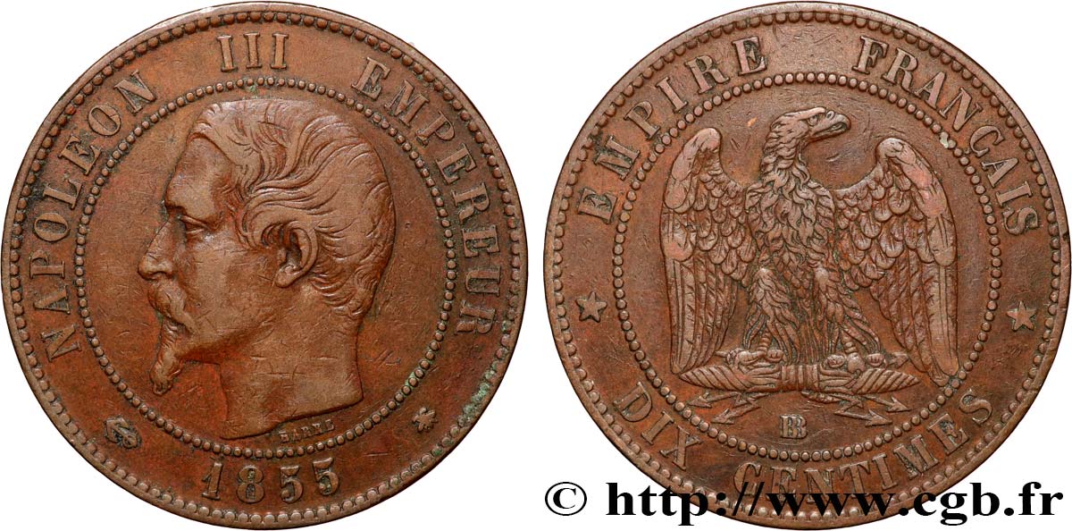 Dix centimes Napoléon III, tête nue, différent ancre 1855 Strasbourg F.133/24 TTB40 