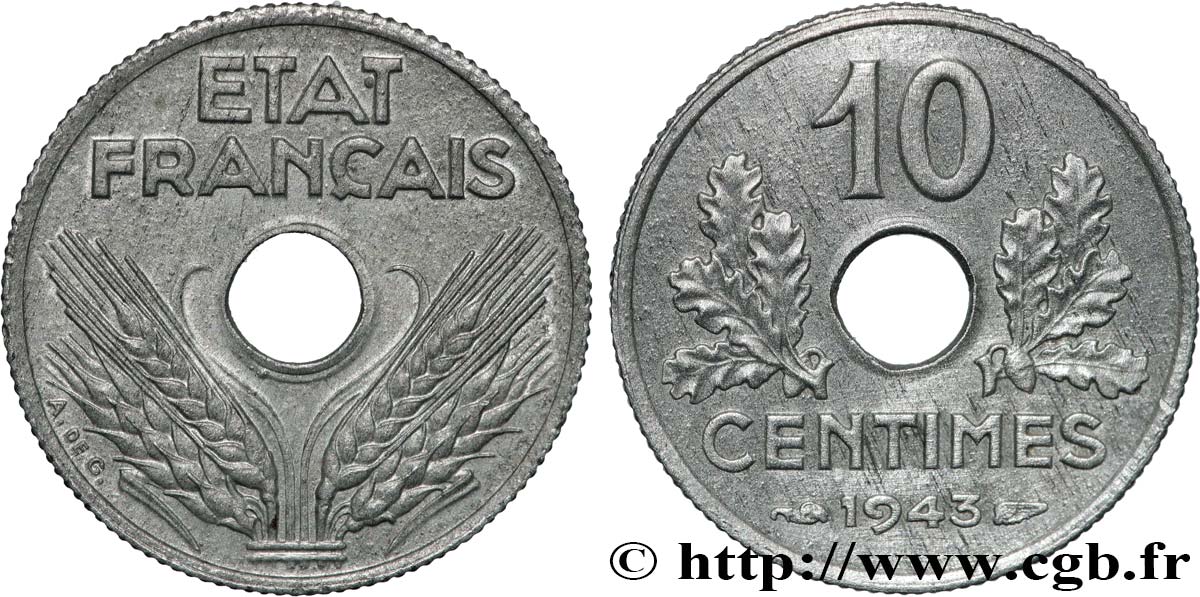 10 centimes État français, petit module 1943  F.142/2 SUP 