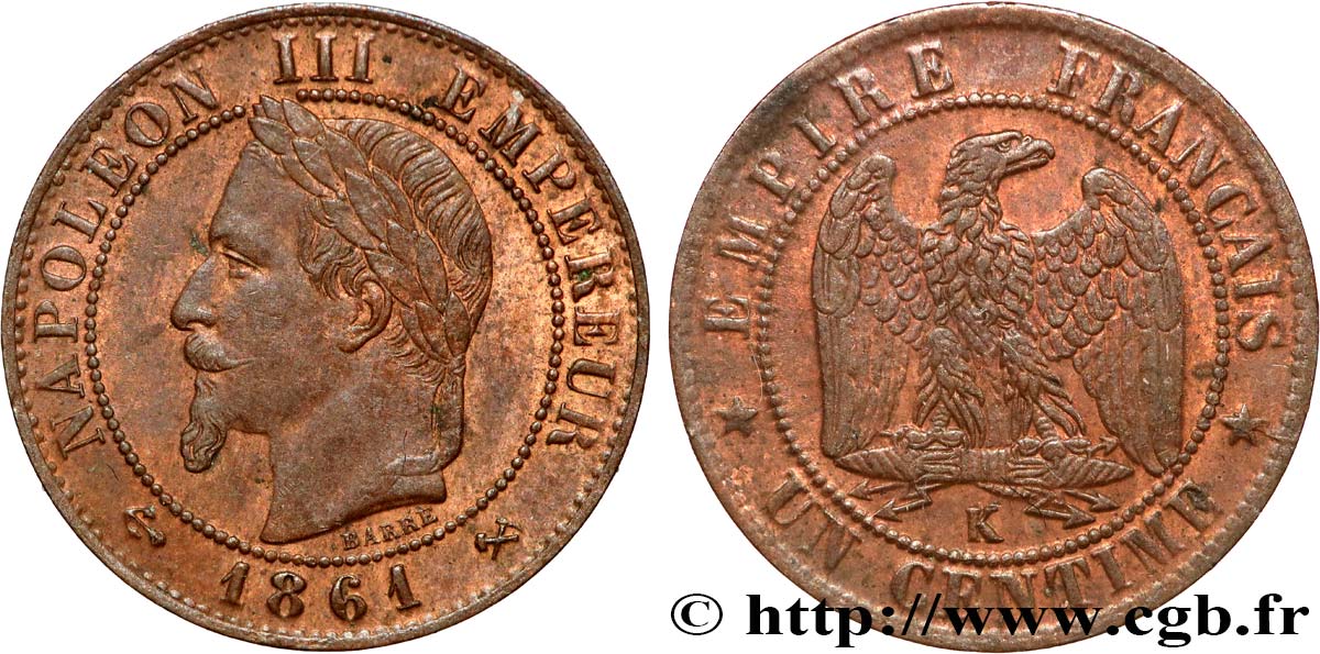 Un centime Napoléon III, tête laurée 1861 Bordeaux F.103/3 TTB45 