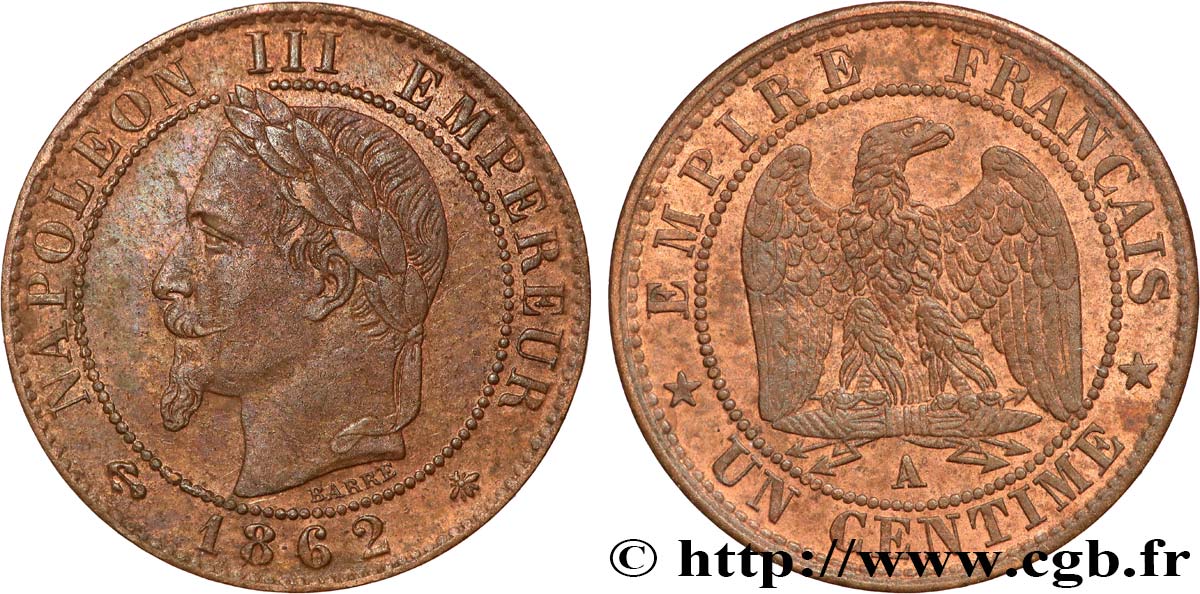 Un centime Napoléon III, tête laurée 1862 Paris F.103/4 EBC+ 