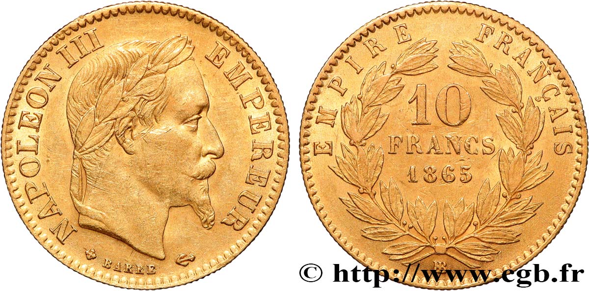 10 francs or Napoléon III, tête laurée 1865 Strasbourg F.507A/10 EBC60 