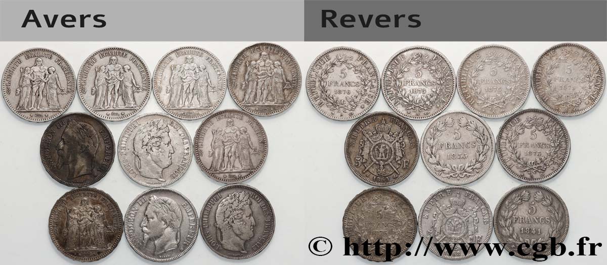 Lot de dix écus de 5 francs n.d.  F.-/ TB 