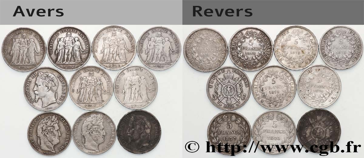 Lot de dix écus de 5 francs n.d.  F.-/ TB 
