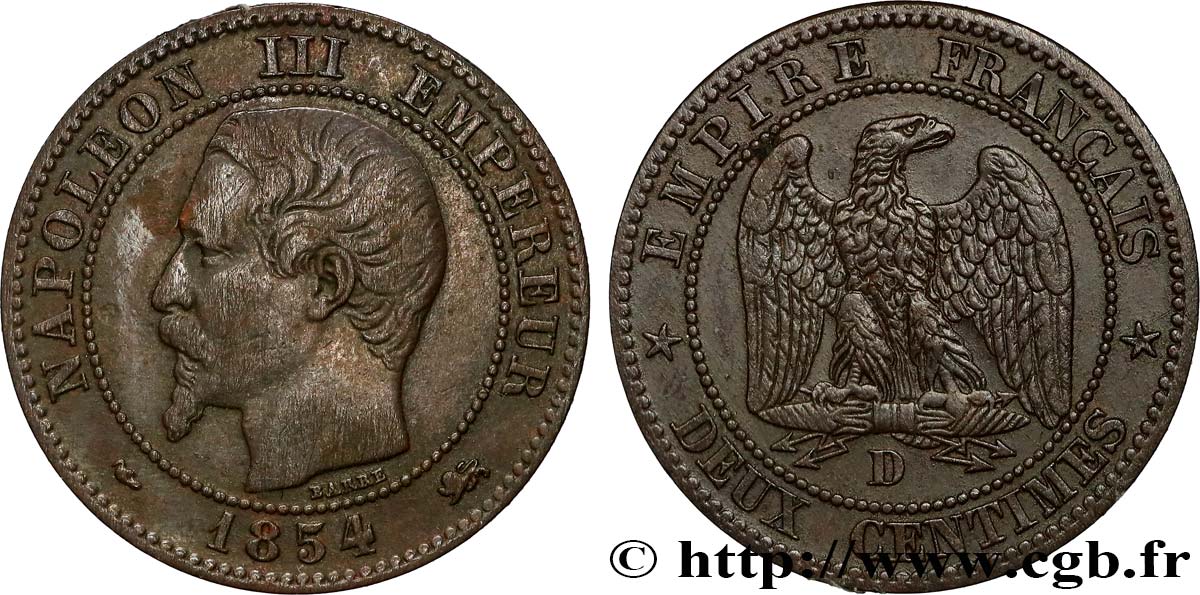 Deux centimes Napoléon III, tête nue 1854 Lyon F.107/12 TTB45 