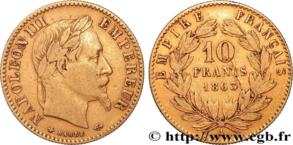 10 francs or Napoléon III, tête laurée, type définitif à grand 10 1863 Paris F.507A/3 TB 