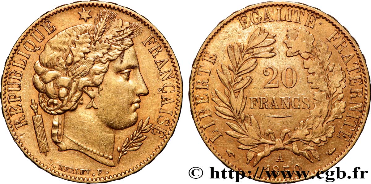 20 francs or Cérès 1850 Paris F.529/3 TTB+ 