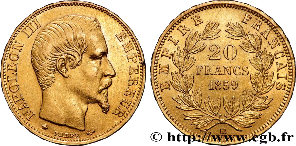 20 francs or Napoléon III, tête nue 1859 Strasbourg F.531/16 SUP 