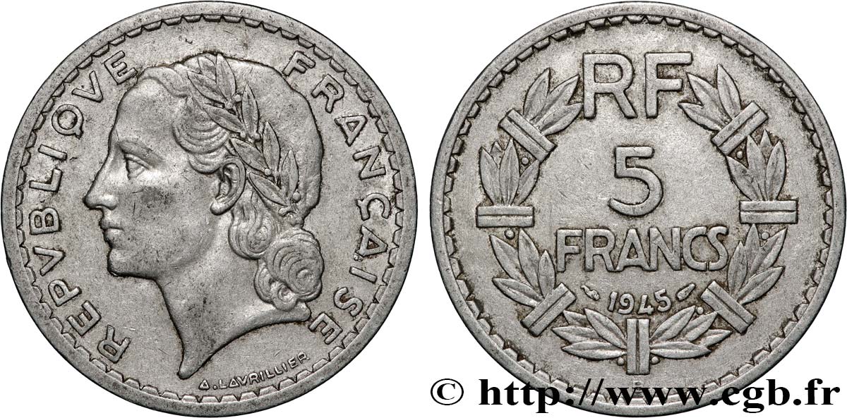 5 francs Lavrillier, aluminium, 9 ouvert 1945  F.339/3 BB 
