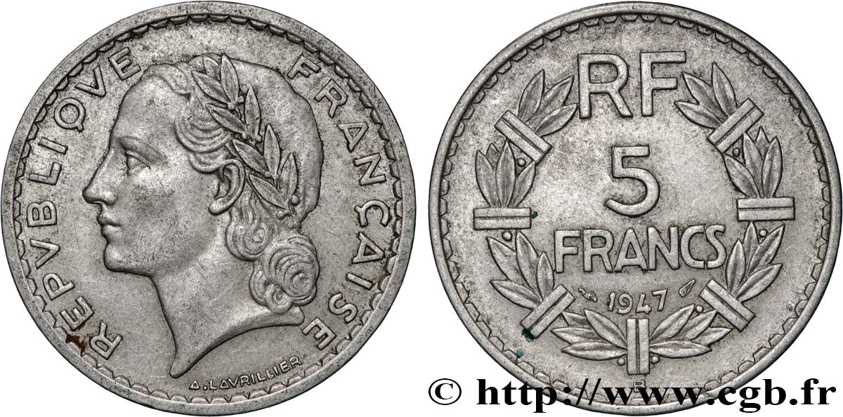 5 francs Lavrillier, aluminium 1947 Beaumont-Le-Roger F.339/11 TTB 