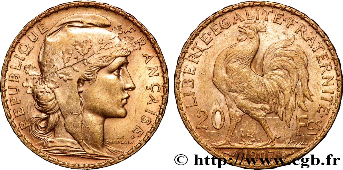 20 francs or Coq, Liberté Égalité Fraternité 1907 Paris F.535/1 TTB+ 