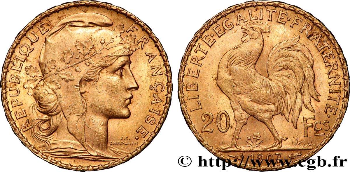 20 francs or Coq, Liberté Égalité Fraternité 1907 Paris F.535/1 TTB+ 