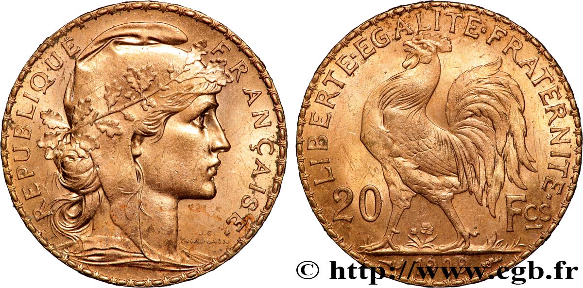 20 francs or Coq, Liberté Égalité Fraternité 1909 Paris F.535/3 SUP 