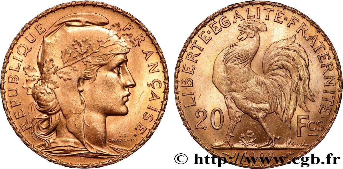 20 francs or Coq, Liberté Égalité Fraternité 1909 Paris F.535/3 SUP+ 