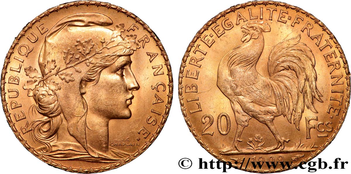 20 francs or Coq, Liberté Égalité Fraternité 1909 Paris F.535/3 SUP+ 