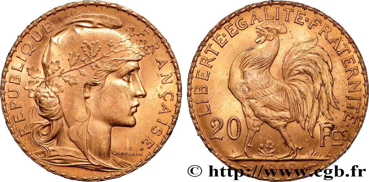 20 francs or Coq, Liberté Égalité Fraternité 1909 Paris F.535/3 SUP+ 