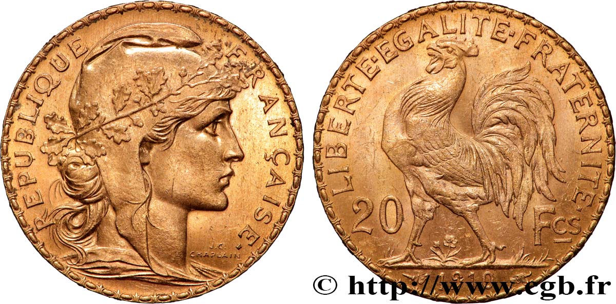 20 francs or Coq, Liberté Égalité Fraternité 1910 Paris F.535/4 SUP 