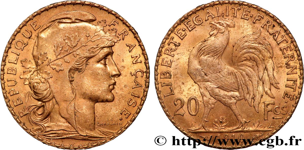 20 francs or Coq, Liberté Égalité Fraternité 1910 Paris F.535/4 fVZ 