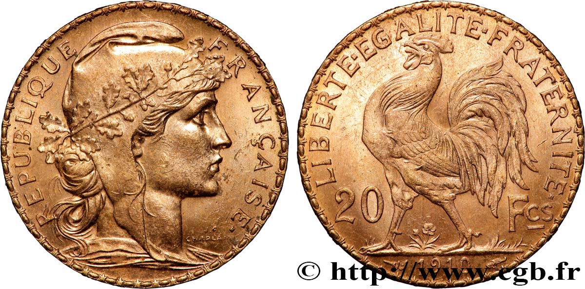 20 francs or Coq, Liberté Égalité Fraternité 1910 Paris F.535/4 SUP 