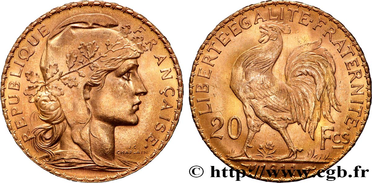 20 francs or Coq, Liberté Égalité Fraternité 1911 Paris F.535/5 SUP+ 