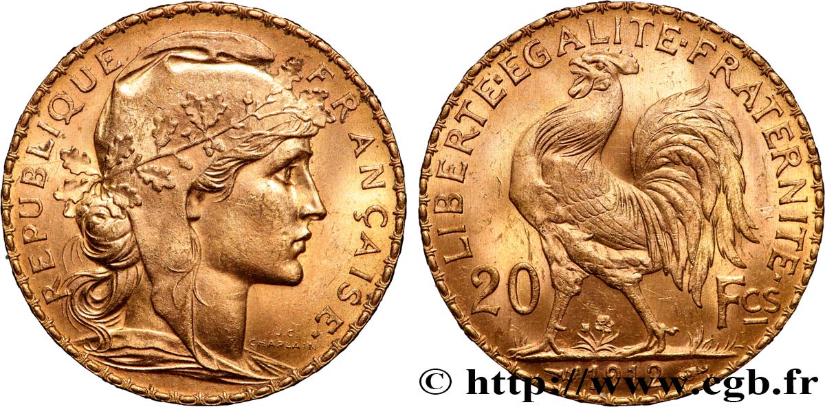 20 francs or Coq, Liberté Égalité Fraternité 1912 Paris F.535/6 SUP+ 