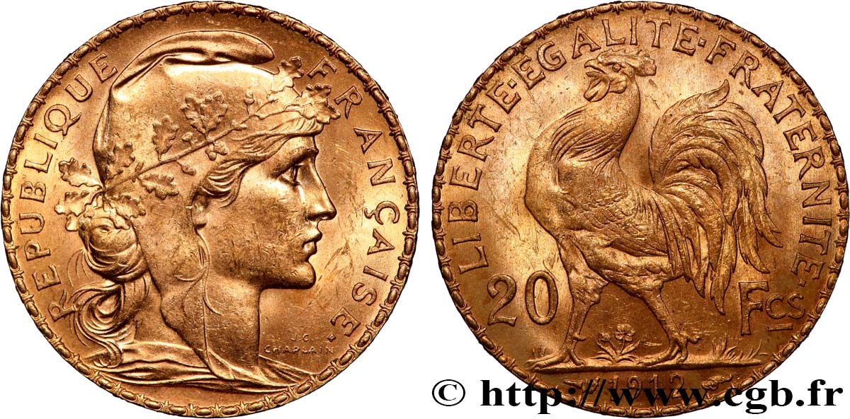 20 francs or Coq, Liberté Égalité Fraternité 1912 Paris F.535/6 TTB+ 
