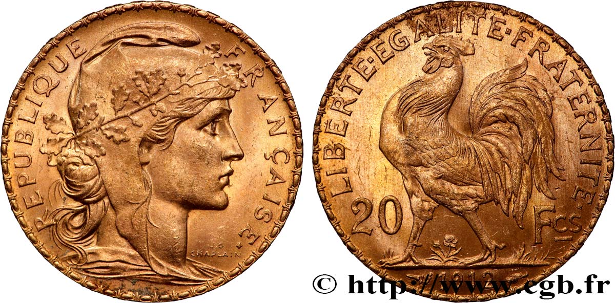 20 francs or Coq, Liberté Égalité Fraternité 1912 Paris F.535/6 SUP+ 