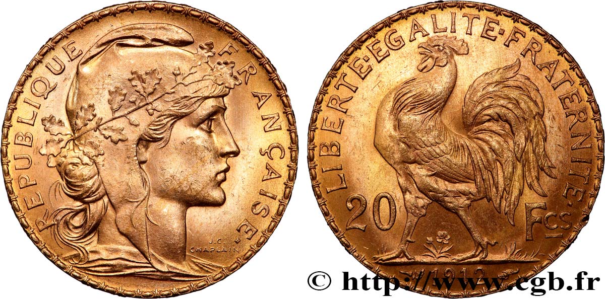 20 francs or Coq, Liberté Égalité Fraternité 1912 Paris F.535/6 SUP+ 
