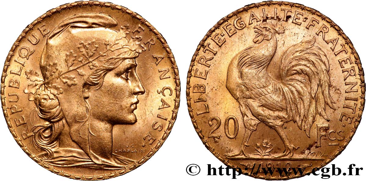 20 francs or Coq, Liberté Égalité Fraternité 1912 Paris F.535/6 SUP 