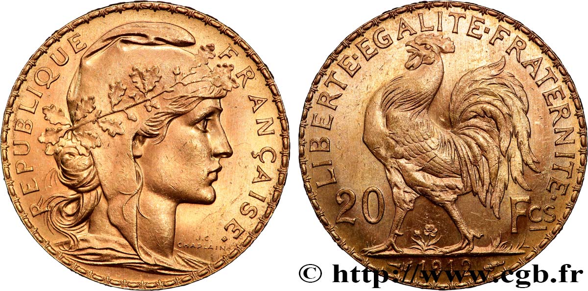 20 francs or Coq, Liberté Égalité Fraternité 1912 Paris F.535/6 SUP+ 