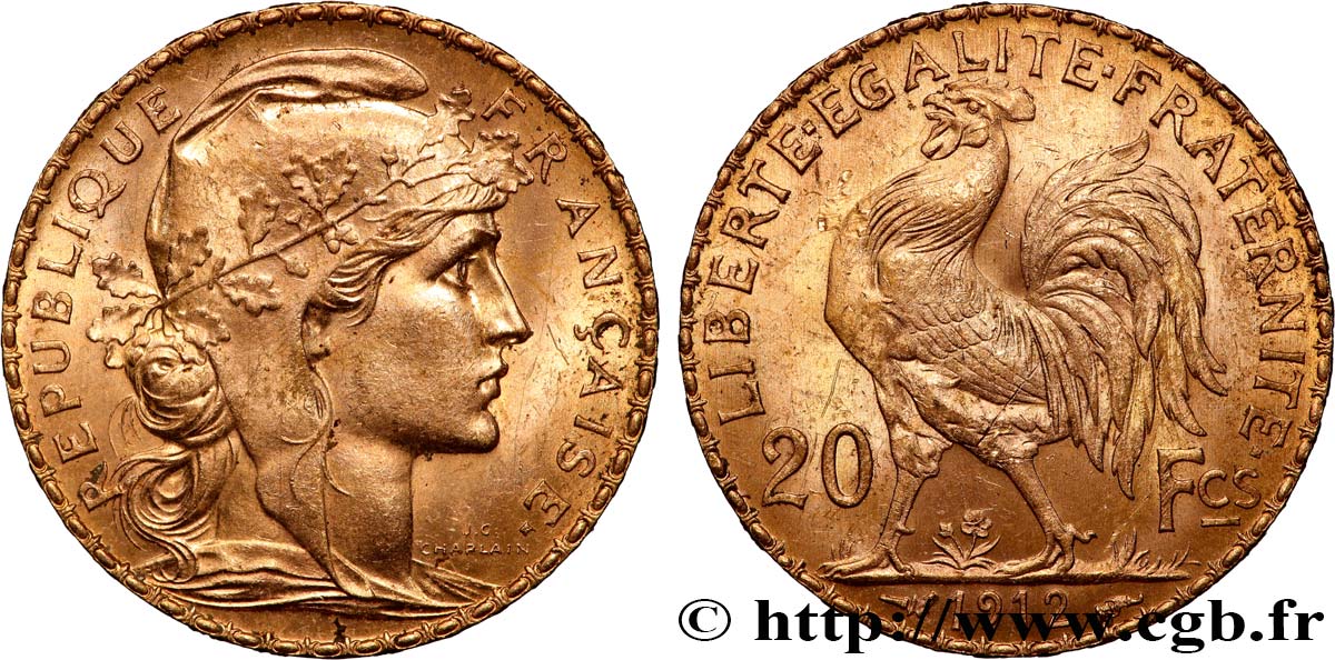 20 francs or Coq, Liberté Égalité Fraternité 1912 Paris F.535/6 TTB+ 