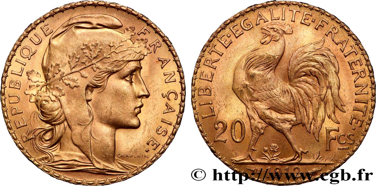20 francs or Coq, Liberté Égalité Fraternité 1912 Paris F.535/6 SUP+ 