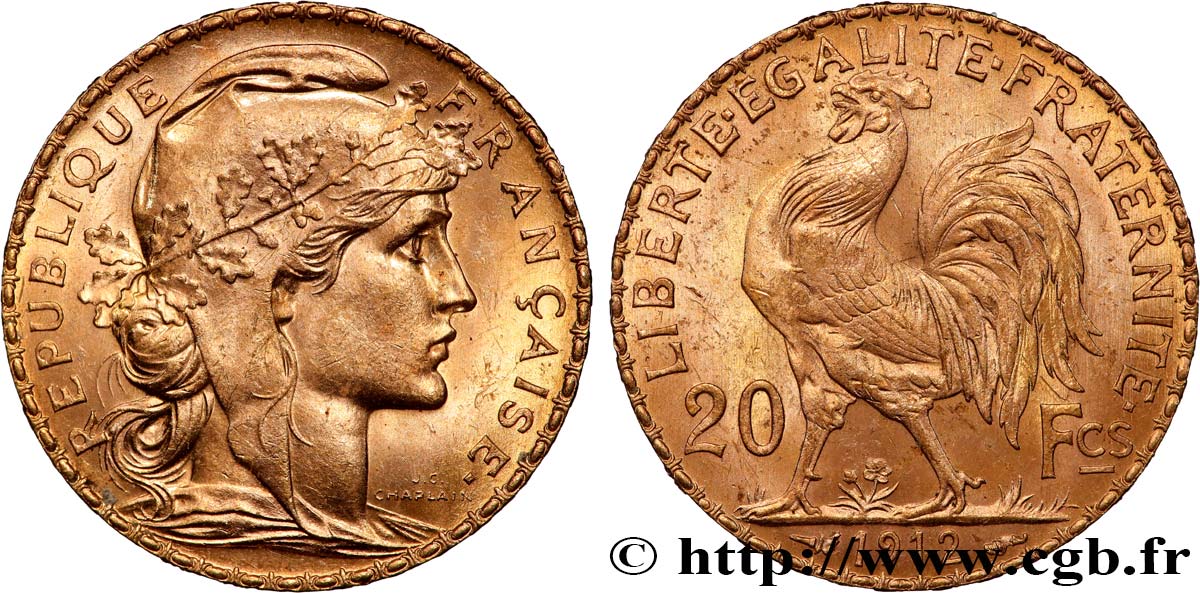 20 francs or Coq, Liberté Égalité Fraternité 1912 Paris F.535/6 SUP 