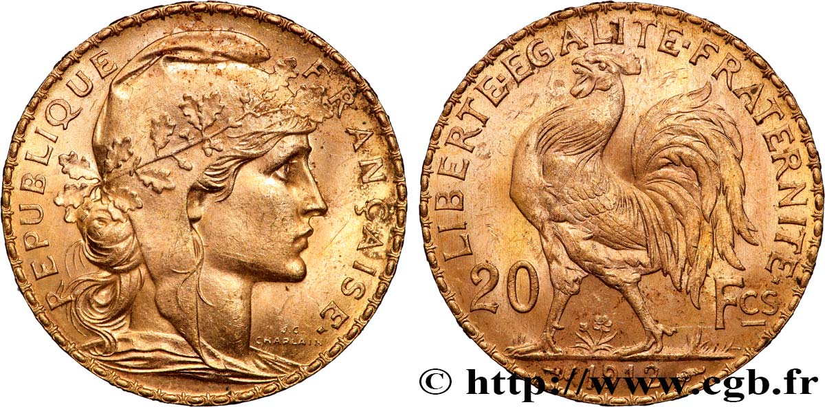 20 francs or Coq, Liberté Égalité Fraternité 1912 Paris F.535/6 TTB+ 