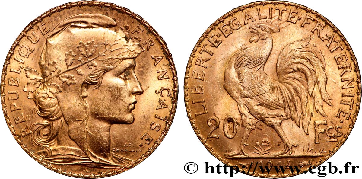 20 francs or Coq, Liberté Égalité Fraternité 1914 Paris F.535/8 SUP 