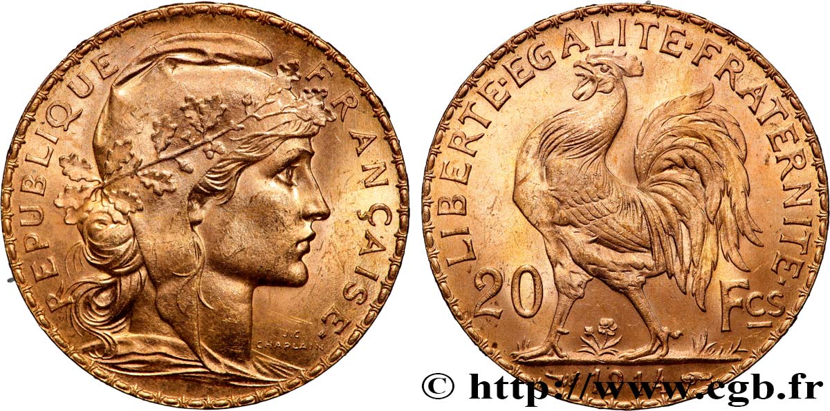 20 francs or Coq, Liberté Égalité Fraternité 1914 Paris F.535/8 SUP+ 
