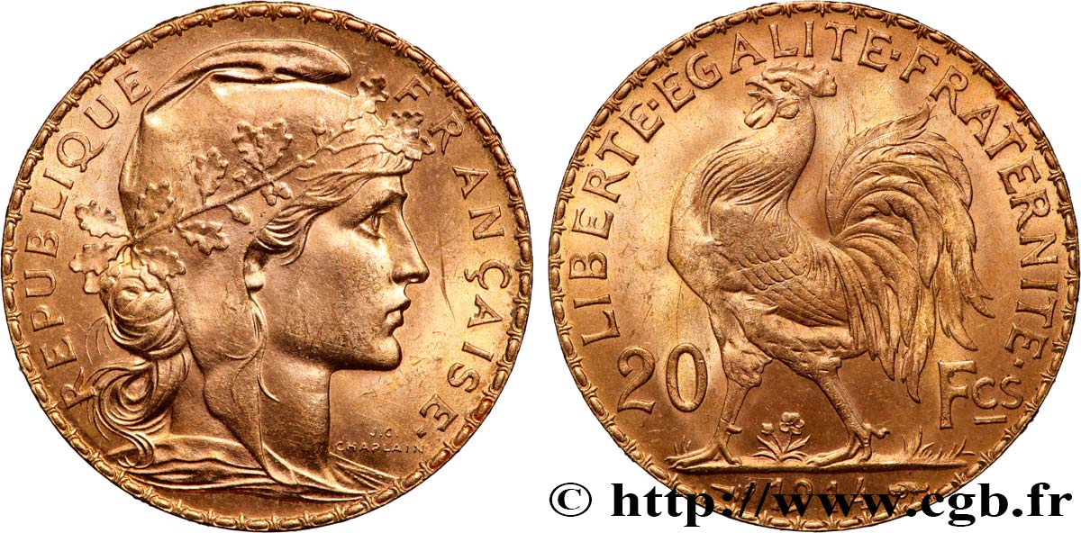 20 francs or Coq, Liberté Égalité Fraternité 1914 Paris F.535/8 VZ+ 