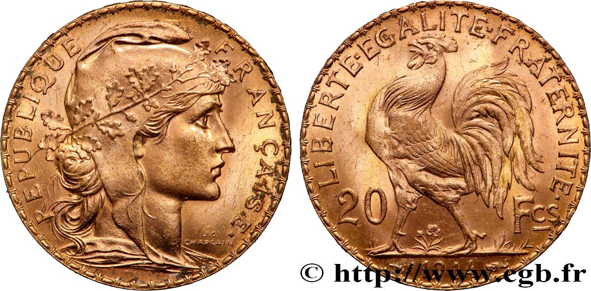 20 francs or Coq, Liberté Égalité Fraternité 1914 Paris F.535/8 SUP+ 