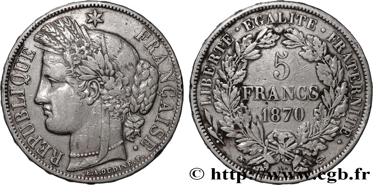 5 francs Cérès, avec légende 1870 Paris F.333/1 TB+ 