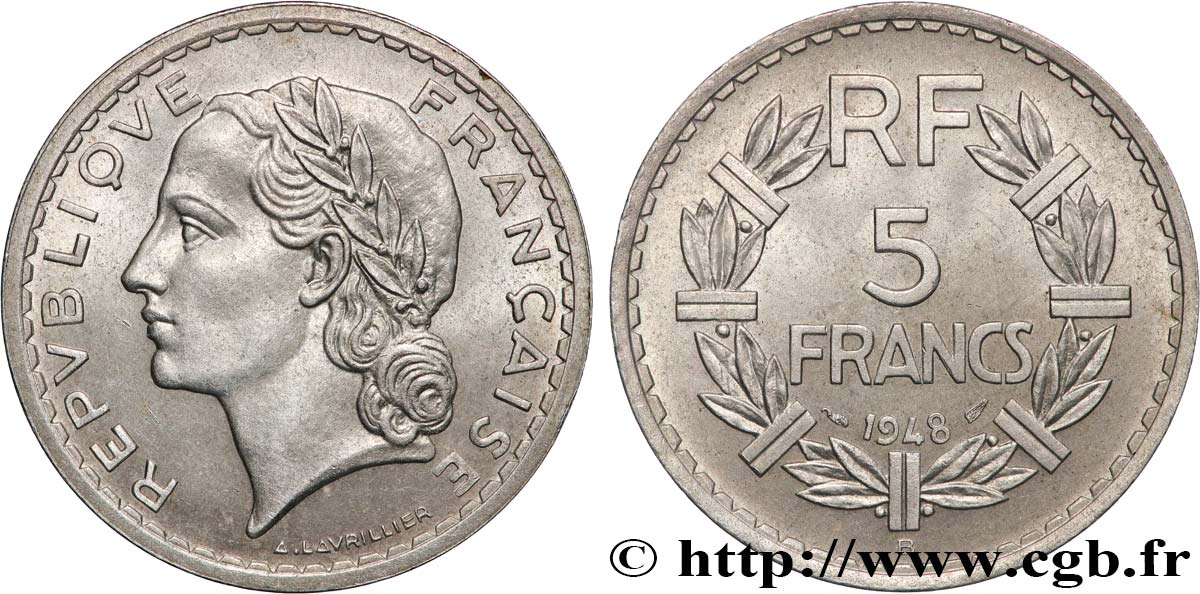 5 francs Lavrillier, aluminium 1948 Beaumont-Le-Roger F.339/15 MS60 