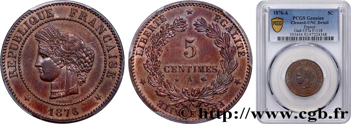 5 centimes Cérès 1876 Paris F.118/13 SUP+ PCGS