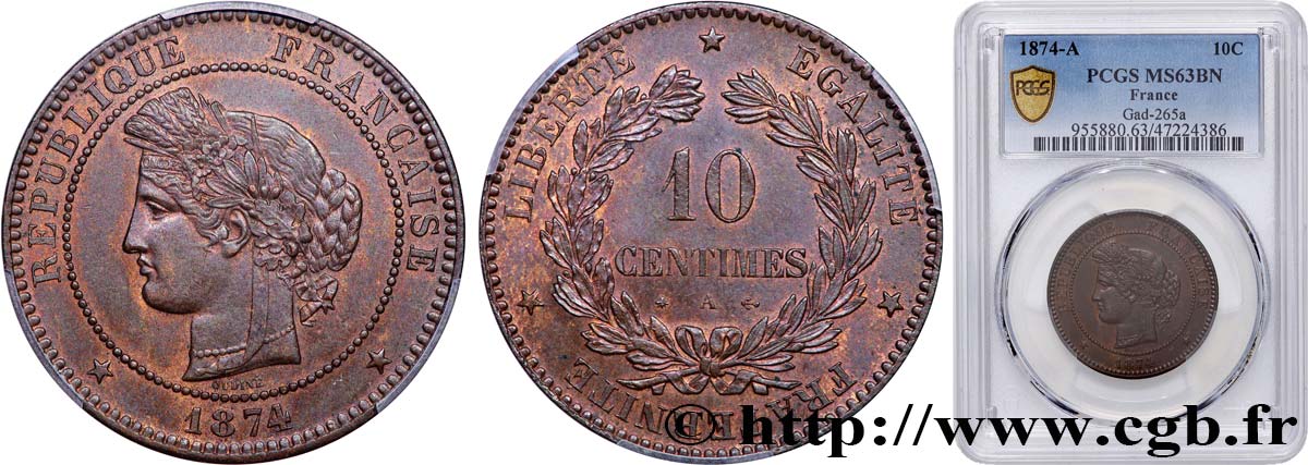 10 centimes Cérès 1874 Paris F.135/12 SPL63 PCGS