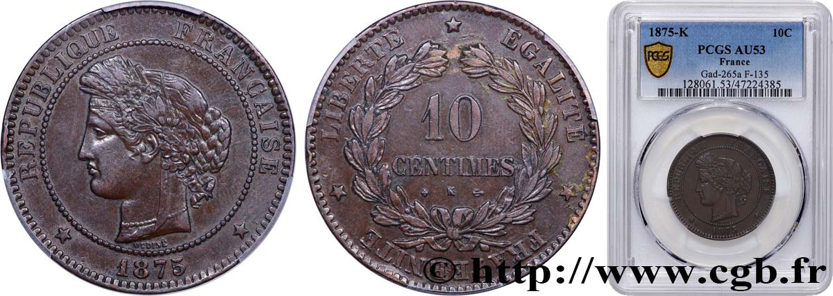 10 centimes Cérès 1875 Bordeaux F.135/15 AU53 PCGS