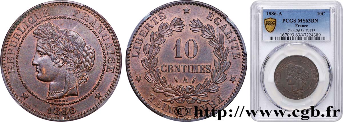 10 centimes Cérès 1886 Paris F.135/30 SPL63 PCGS