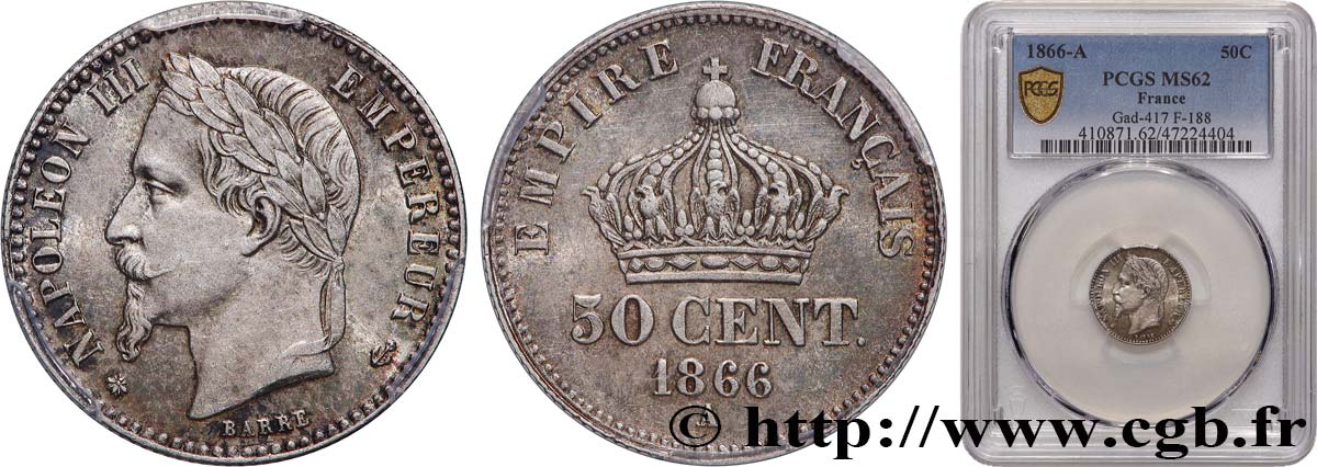 50 centimes Napoléon III, tête laurée 1866 Paris F.188/9 SUP62 