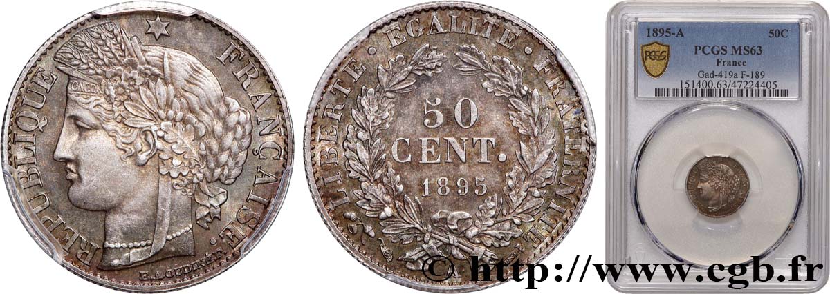 50 centimes Cérès, IIIe République 1895 Paris F.189/16 SPL63 PCGS